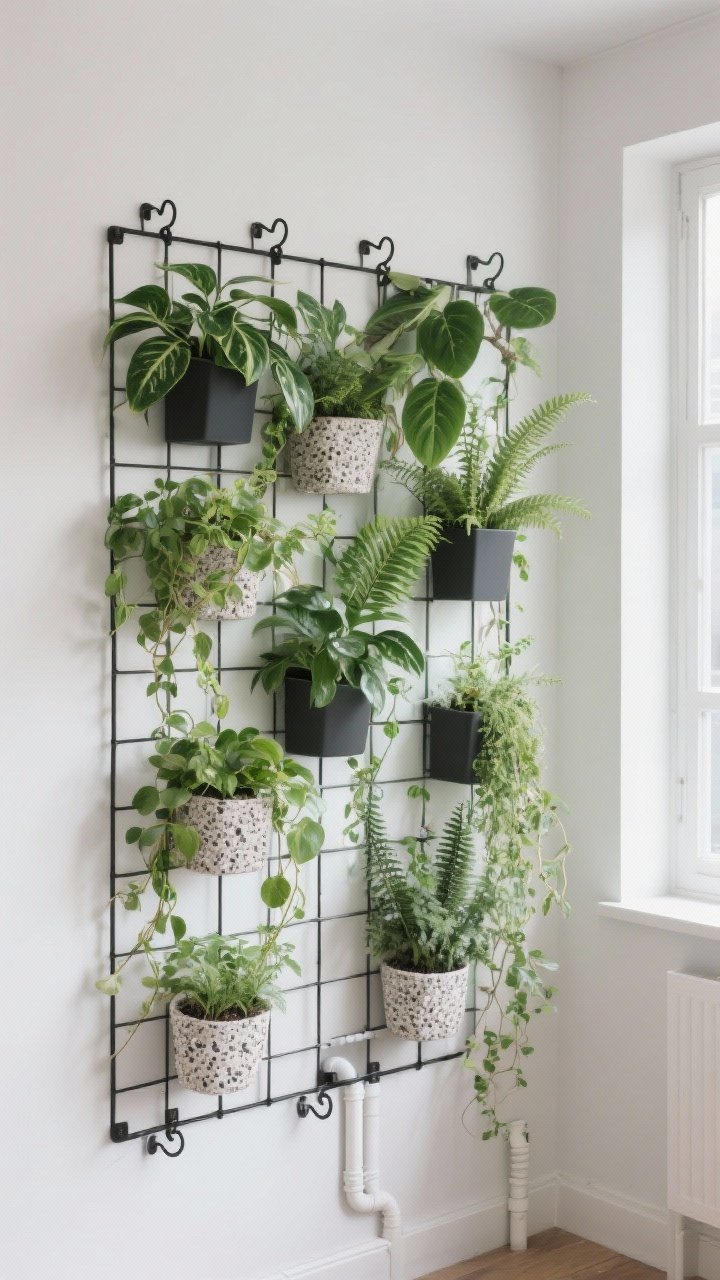 Photorealistic medium shot of a vertical garden living wall in a small apartment, using a black metal grid panel with S-hooks holding modular lightweight planters; plants include pothos, philodendron, ferns, and mixed herbs arranged so trailing vines sit at eye level for a cascading effect; visible perlite-speckled lightweight potting mix and discreet drip irrigation tubing; soft natural daylight from a side window, matte white wall backdrop, clean and modern mood, no people.