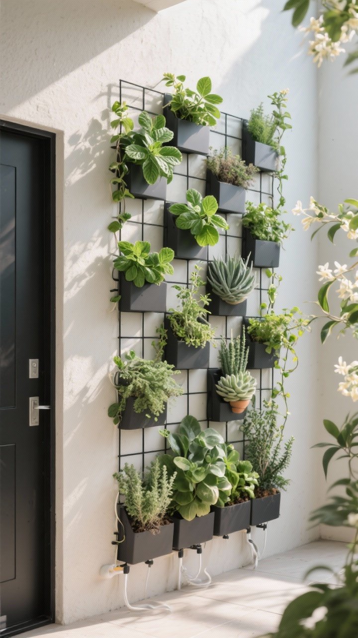 Photorealistic medium shot of a vertical garden wall: modular living-wall panels and a simple black trellis grid on a smooth plaster wall; repeating pattern of herbs (mint, basil, oregano, thyme) near a backdoor, interspersed with graphic succulents; vines like jasmine beginning to climb for fragrance and coverage; discreet drip irrigation lines and lightweight potting mix visible on closer inspection; bright but diffused daylight, straight-on view emphasizing order and rhythm.