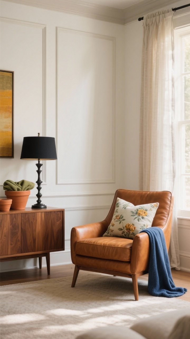 Photorealistic medium shot of a warm, earthy palette living room vignette: creamy white walls and warm greige trim; a cognac leather lounge chair beside a walnut sideboard and a black iron table lamp; accents include terracotta pots with sage-colored textiles folded inside and an indigo throw draped over the chair; color ratio reads mostly neutral with pops of terracotta, turmeric, sage, and indigo; soft late-afternoon light through sheer curtains keeps tones warm; include a muted floral pillow to hint at seasonal swap potential; straight-on view with balanced negative space so textures and art sing