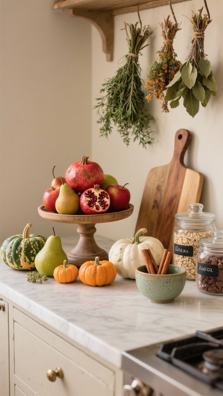 Photorealistic medium shot of edible fall decor styled on a kitchen counter: a vignette with heirloom fairytale pumpkins, green and white gourds, and mini pumpkins arranged in odd numbers; a footed bowl overflowing with pomegranates, pears, and red apples; herb bundles of thyme, rosemary, and bay hanging to dry. Use stacked heights—cake stand + wooden cutting board + ceramic bowl—and clear glass jars decanted with oats, cinnamon sticks, and cocoa, each neatly labeled. Warm neutral background, natural afternoon light, no Halloween motifs, no people.