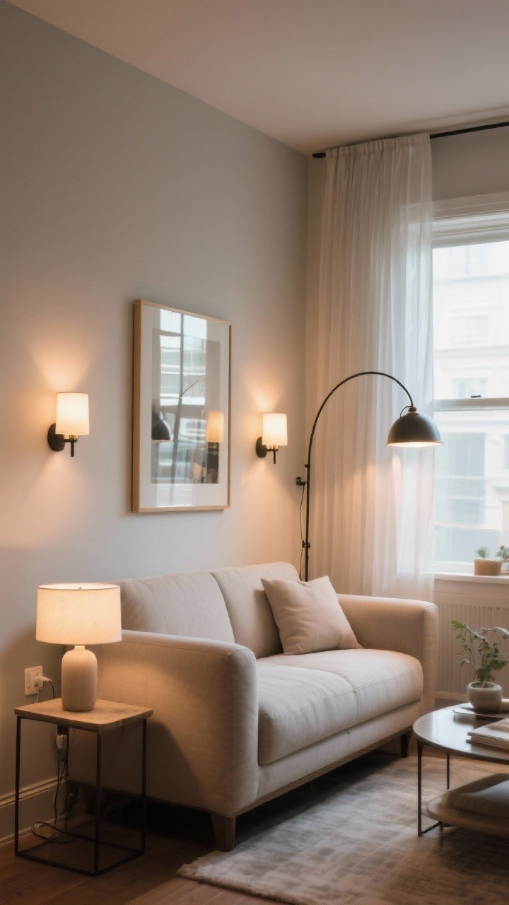 Photorealistic medium shot of layered lighting in a small living room: plug-in sconces flanking art above the sofa, an elegant arc floor lamp reaching over seating, and a strategically placed mirror across from a window to bounce light; sheer curtains filter natural daylight, with warm bulbs at 2700–3000K creating a cozy glow; corner perspective captures ambient, task, and accent layers without bulky table lamps; neutral palette with soft highlights and reflections expanding the space