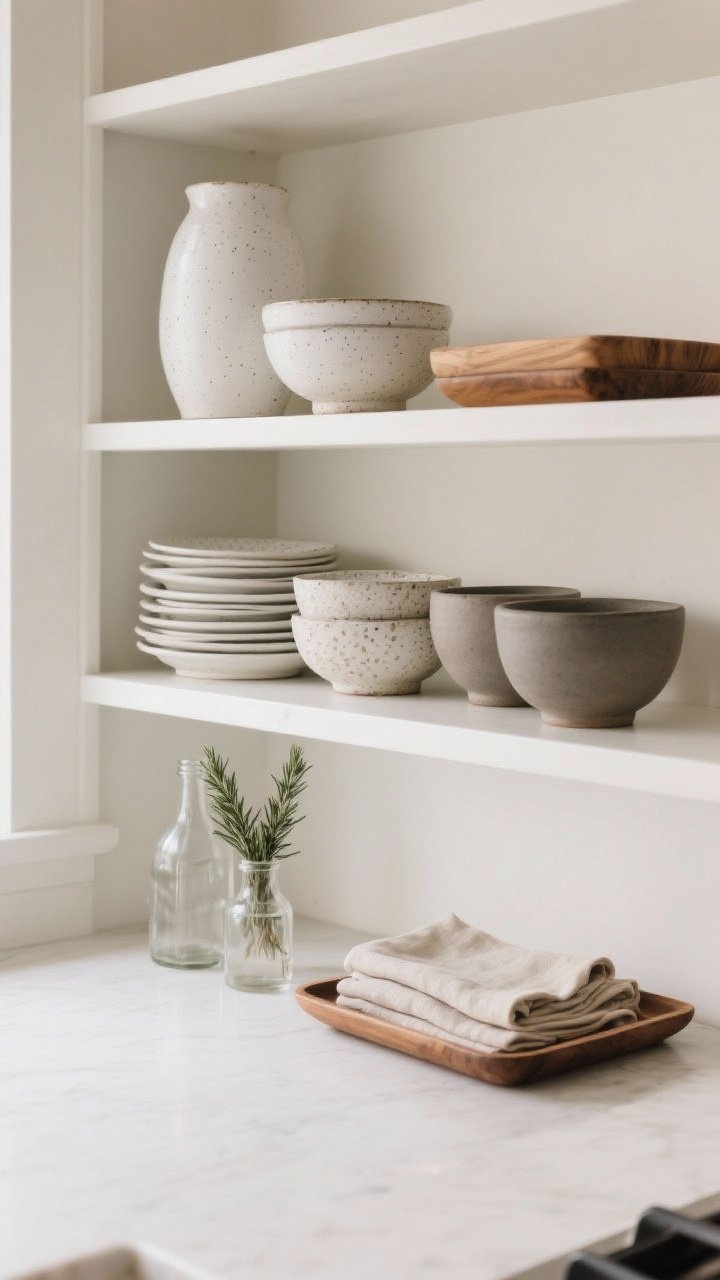 Photorealistic medium shot of open kitchen shelving styled with curated everyday essentials: stacks of white ironstone plates, a few speckled matte ceramic bowls, vintage clear glass bottles, a small folded stack of neutral linen napkins, and a shallow wood tray. Apply the “work in thirds” rule on each shelf with one tall piece, a medium stack, and a horizontal element. Mix textures—matte ceramics, warm wood accents, and clear glass—for depth. Seasonal touch: a sprig of rosemary in a small bottle. Straight-on composition with clean, airy negative space and soft natural light.