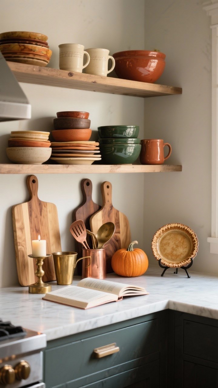 Photorealistic medium shot of styled open kitchen shelves (or a convincing faux shelf vignette) curated in a fall palette: stoneware bowls and mugs in cream, rust, and deep green, stacked cutting boards in mixed woods (maple, walnut, acacia), and warm metal accents like copper/brass measuring cups and a brass utensil holder; on the counter below, a vignette with a wood board, open cookbook, a candle, a small ceramic or real pumpkin, and a plate stand displaying a vintage pie dish; functional, intentional arrangement with gentle afternoon light and a slight side angle