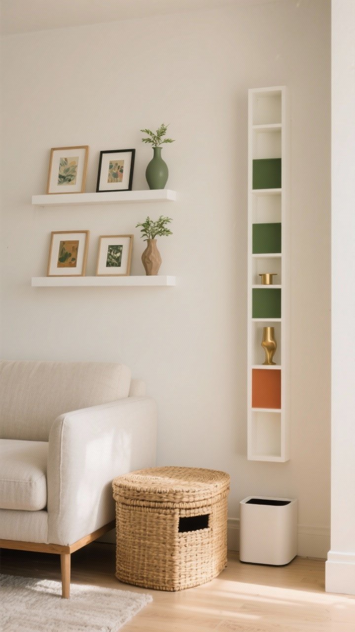 Photorealistic medium shot of vertical storage styled as decor: above a sofa, two stacked white picture ledges holding a tight curation of small art frames, a mini plant, and a sculptural vase; to the right, a single tall, wall-mounted shelf column painted the same warm white as the wall so it visually recedes, displaying a few repeated colors (moss green, brass, terracotta) for cohesion. On the floor, a lidded woven basket and a storage ottoman with hidden space; an under-sofa bin peeks discreetly beneath. Soft daylight, minimal visual noise, curated not cluttered.
