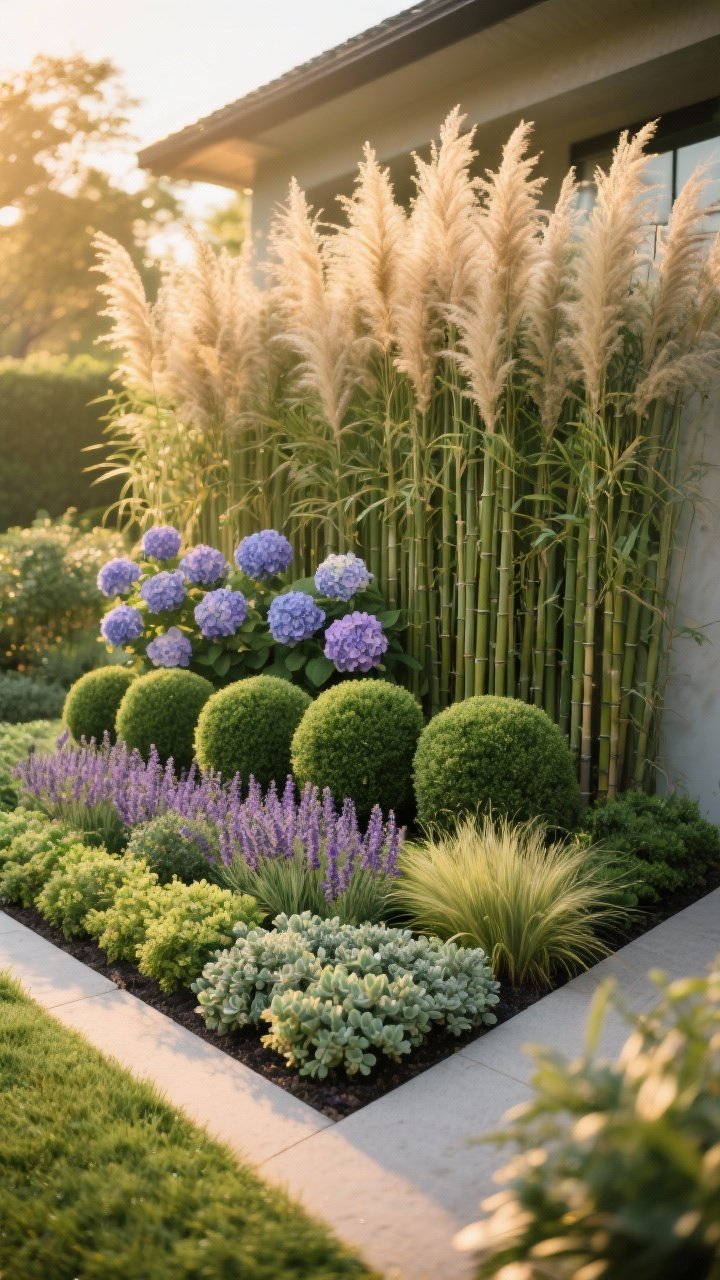 Photorealistic medium shot showcasing the three-layer planting rule in a compact bed: tall backdrop of dwarf bamboo and ornamental grasses, mid-height hydrangeas and lavender with rounded boxwood balls, and a neat front row of thyme, creeping jenny, sedum, and mondo grass edging; plants repeated rhythmically across the bed for flow; warm golden-hour light adding depth; straight-on view highlighting height transitions and structured lushness.