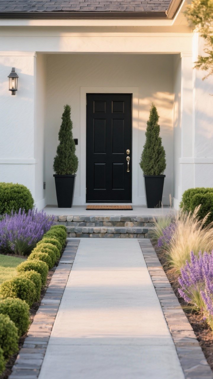 Photorealistic medium shot, straight-on view of a front entry framed like a runway: a widened concrete walkway edged with neatly clipped boxwoods and soft lavender, subtle dwarf ornamental grasses swaying along the path; symmetrical tall black planters flanking a front door painted crisp black, with polished hardware; stone paver border widening a once-narrow path; clean doormat and precise edging along beds; warm late-afternoon natural light enhancing structure and symmetry, no people