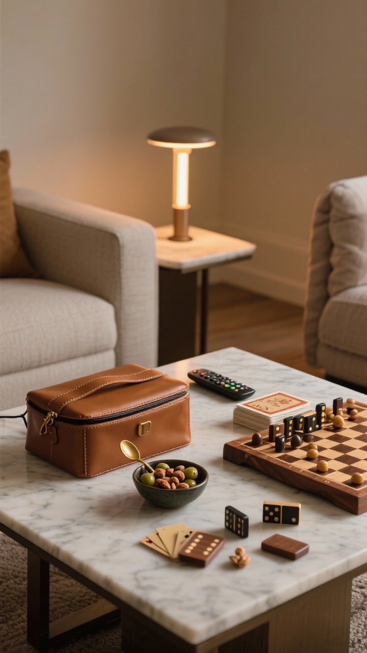 Photorealistic medium shot with warm, intimate lighting: a cozy, functional coffee table vignette mixing game night and gourmet. A lidded box or leather pouch tidies remotes; a marble or wood board holds a small dish of nuts or olives with a brass spoon. Display a beautiful game—acrylic checkers, wood dominoes, or a linen card deck—arranged neatly. A petite mini table lamp or rechargeable LED taper casts warm 2700K–3000K glow, creating depth and inviting ambience. Clean lines, balanced composition, and practical elegance, no people.