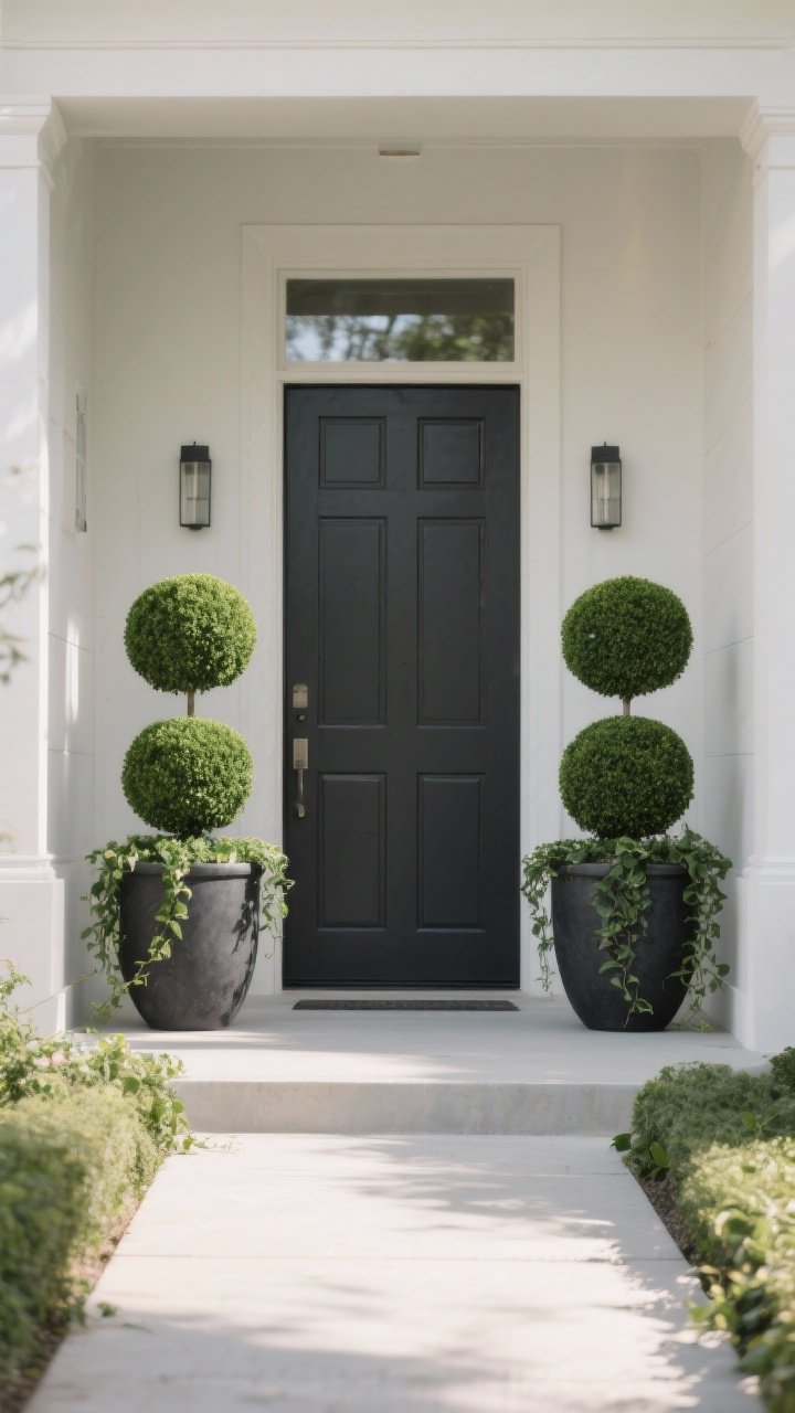 Photorealistic medium, straight-on entryway shot: a symmetrical front door scene with two identical neutral-toned planters (matte black fiberstone) flanking a charcoal-painted door, each planter holding perfectly clipped boxwood spheres with consistent height, underplanted with trailing ivy spilling neatly over the rims; clean modern path, crisp lines, soft afternoon natural light, subtle reflections on the planters, no people, high-end estate vibe.
