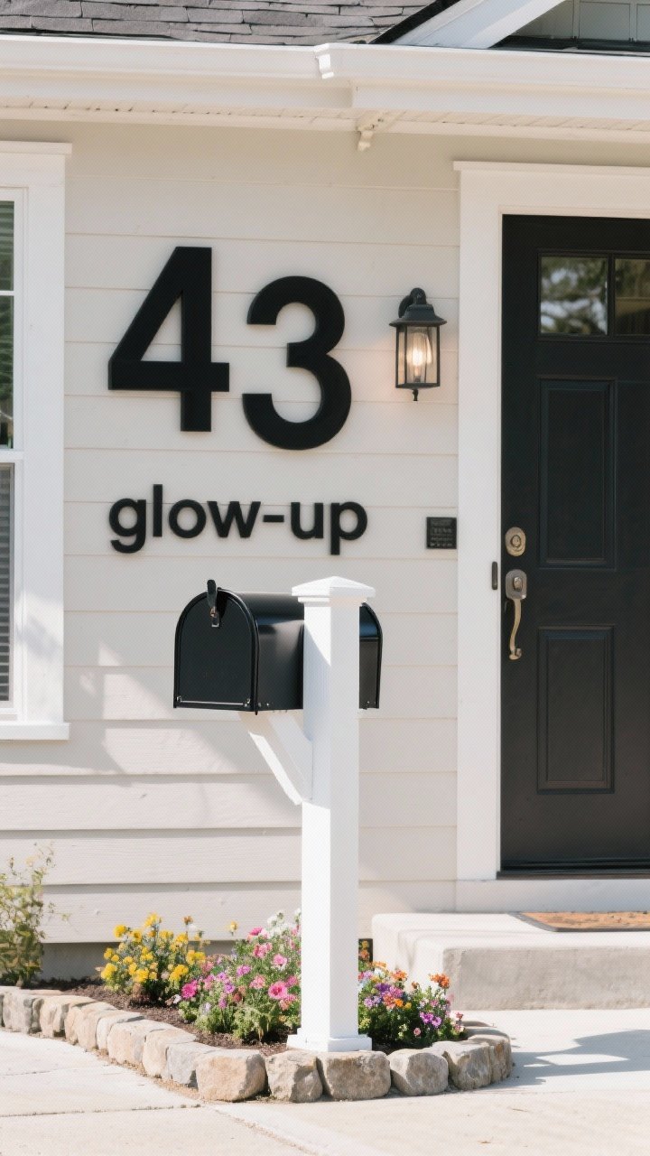 Photorealistic medium, straight-on streetside view emphasizing iconic numbers and mailbox: bold modern house numbers in matte black at least 4 inches tall mounted clearly on light siding; mailbox “glow-up” with a freshly painted post, a tidy stone ring at the base, and a small flower bed planted with low annuals; finishes coordinated with door hardware and porch light fixtures; clear legibility from the street, bright daylight for readability
