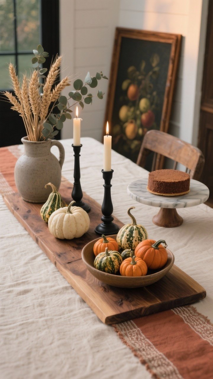 Photorealistic medium tabletop scene of harvest-inspired accents in an elevated farmhouse style: a linen runner topped with a wood board, a trio of candles in varying heights, a shallow bowl filled with real mini pumpkins and heirloom gourds in muted sage, cream, and dusty orange, a stoneware jug with dried wheat and eucalyptus branches, a thin black or oak-framed vintage fruit still-life leaning nearby, and a wood cake stand or marble board for serveware; palette kept to cream, rust, walnut, and black; soft evening light, straight-on eye level, uncluttered and cohesive