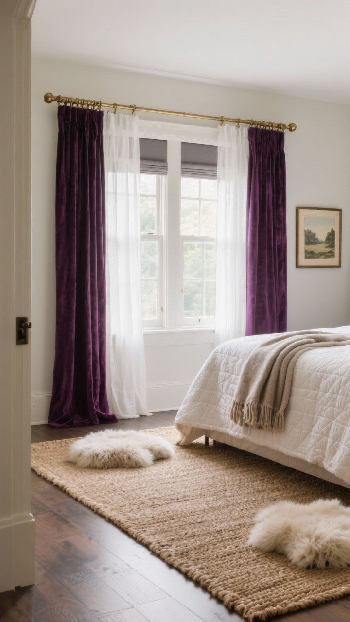 Photorealistic medium-to-wide bedroom vignette showcasing upgraded floors and windows for maximum snug: a plush wool area rug layered over a natural sisal/flatweave extending 18–24 inches beyond a queen bed, with small faux sheepskin rugs on either side; windows dressed in double layers—sheer white panels for daytime glow and heavyweight velvet blackout drapes in deep plum on antique brass rods; optional hint of a concealed blackout roller shade; additional cozy touches: a folded heated throw tucked under the quilt edge and a framed vintage landscape on the wall; soft morning light filtering through sheers; no people; angled from the doorway to capture both rug scale and window treatments