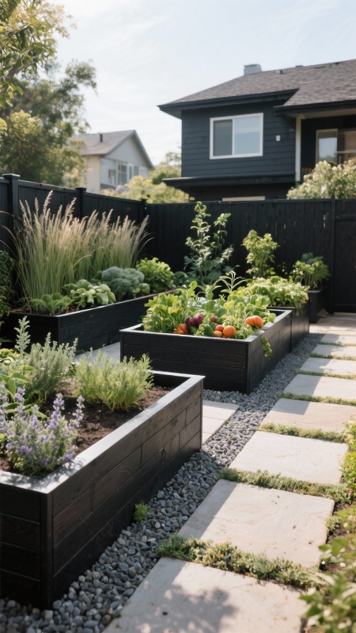 Photorealistic medium-wide backyard scene showcasing sleek raised beds made of matte black steel and smooth cedar with clean, rectilinear lines; layered planting with tall herbs/grasses at the back, mid-height vegetables, and low-edging thyme at the front; gravel paths between beds with large pavers for neat, mud-free walkways; bed color coordinated with the home’s dark trim fence for a cohesive vibe; soft afternoon natural light, straight-on angle emphasizing clean geometry and comfortable working height.