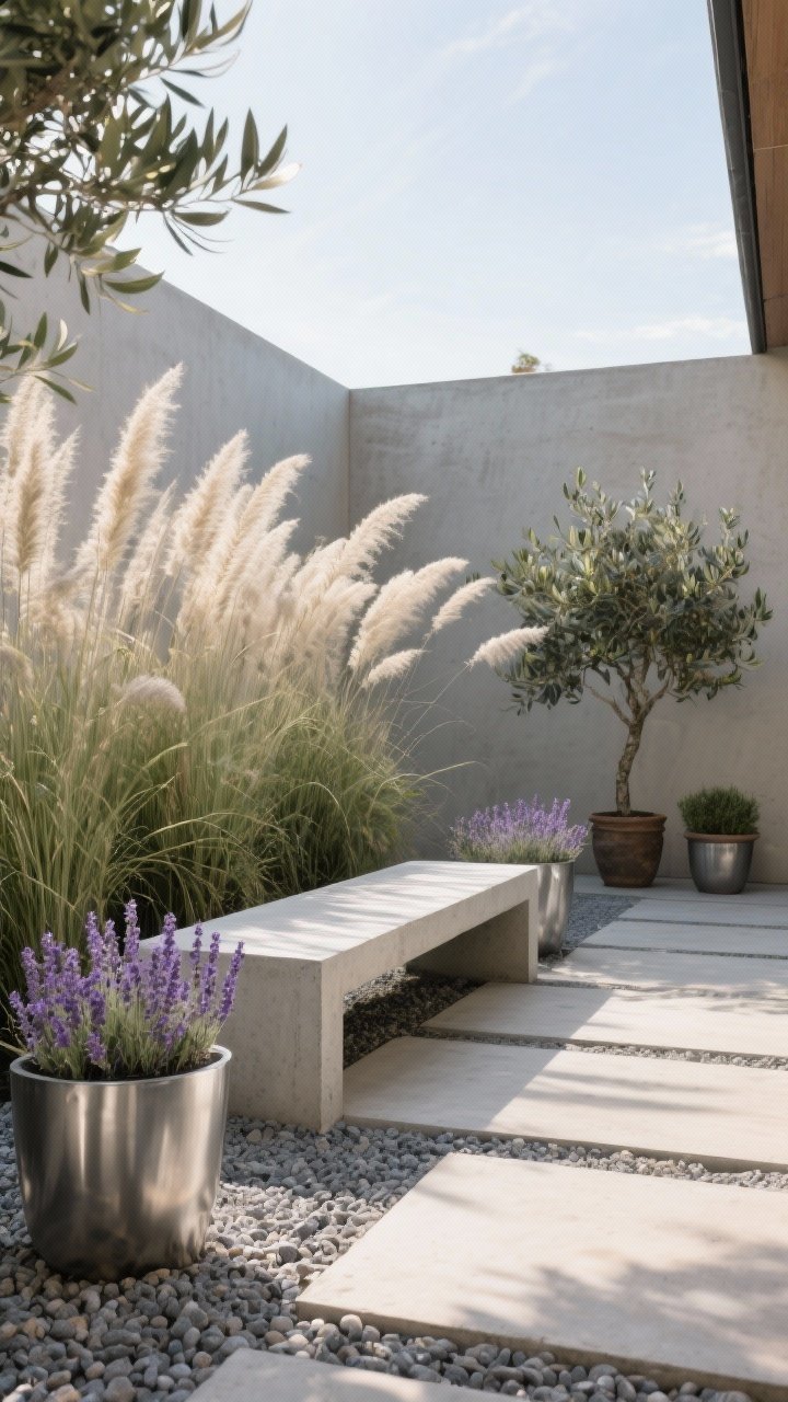 Photorealistic medium-wide composition blending hardscape and softscape: a monolithic concrete bench set against airy plumes of Feather Reed Grass for linear drama; large steel planters hosting fragrant lavender; gravel patio punctuated by potted olive trees for Mediterranean-cool, low-water vibes; material palette limited to concrete, steel, and gravel for cohesion; late afternoon light with soft shadows, corner angle showcasing contrast.