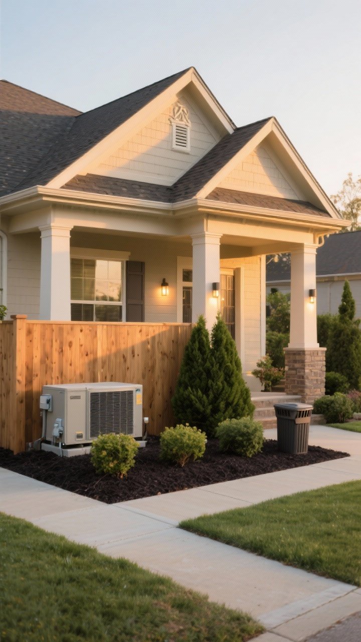 Photorealistic medium-wide front elevation at golden hour: eyesores cleverly screened—utility boxes and AC unit hidden behind a cedar privacy panel and evergreen shrubs with proper clearance; fresh, dark mulch making greenery pop; architectural highlights intentionally lit with warm uplights on columns and a decorative gable; tidy paths, concealed trash bins, and a clean, polished overall impression without visible clutter or people