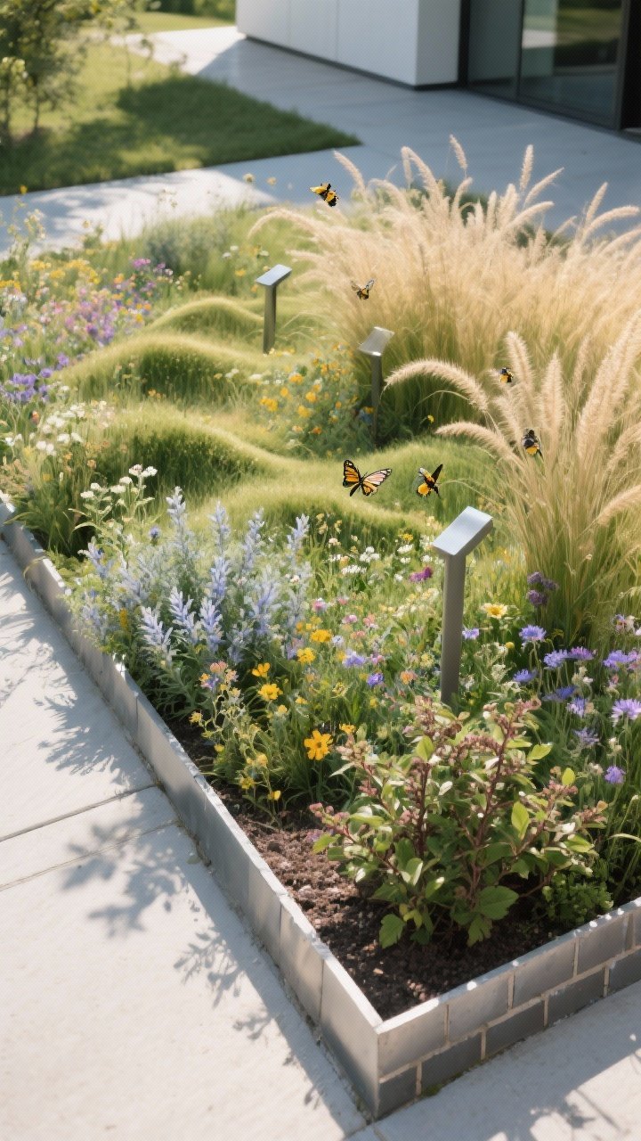 Photorealistic medium-wide shot of a modern meadow corner: sunny patch planted with a regional wildflower mix in soft drifts, punctuated by structural anchors—ornamental grasses (panicum), amsonia, and a small dwarf ninebark for year-round form. Crisp steel or brick edging gives a clean, intentional boundary. Naturalistic, slightly wavy silhouettes, bees and butterflies implied but no animals shown. Midday sun with gentle shadows, slight perspective from the edge to showcase the neat border against wild textures.