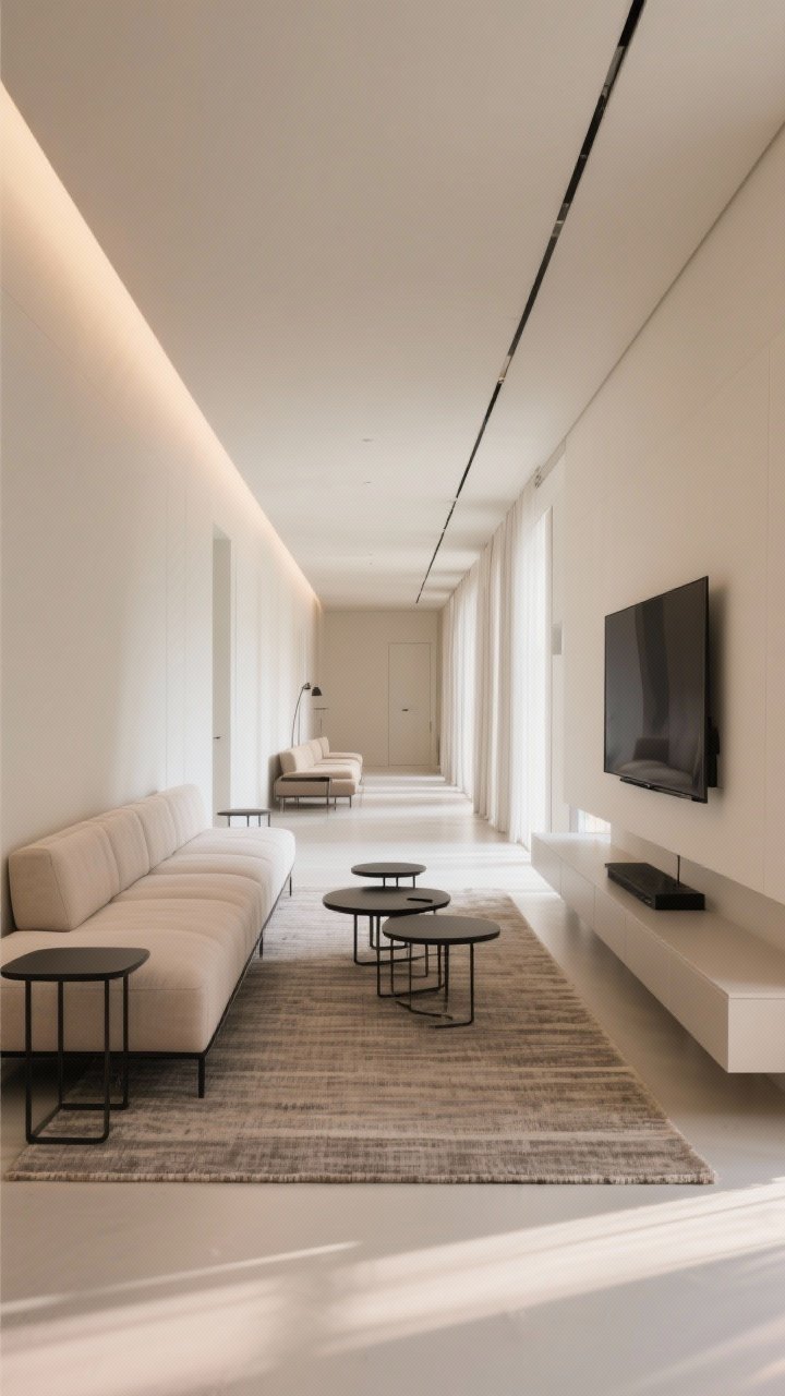 Photorealistic medium-wide straight-on view of a long, rectangular living room arranged in a linear runway: a slim-profile narrow sofa aligned along the longest wall, a long bench/daybed opposite, and a minimalist coffee table between; nesting side tables tucked near the sofa for flexible use; TV wall-mounted with a low floating console beneath for a clean sightline and minimal visual clutter; neutral-warm palette with light walls, pale upholstery, black metal accents on nesting tables, and a subtle flatweave rug; daylight washing along the long wall, emphasizing the sleek, streamlined layout