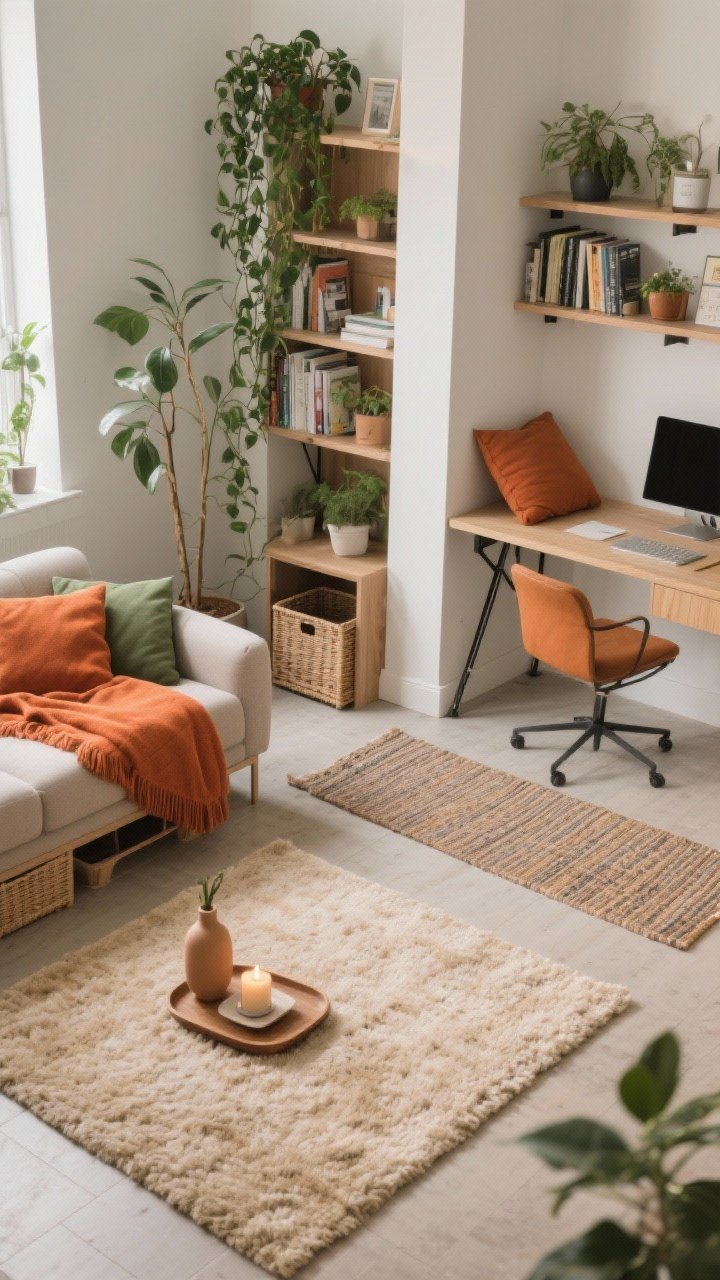 Photorealistic overhead/detail hybrid shot illustrating zoning in a small living room: two rugs define areas—a slightly larger, plush oat-toned rug for the lounge zone and a flatwoven runner at a compact foldaway wall-mounted desk; color coding shows warm terracotta accents (throw and small vase) in the lounge and sage accessories (desk organizer, cushion) at the work zone; an open-back bookshelf acts as a light divider with a cluster of tall and trailing plants beside it; surfaces are curated with just a tray, candle, and small vase; hidden storage baskets slide under the sofa; soft natural light with calm, organized mood.