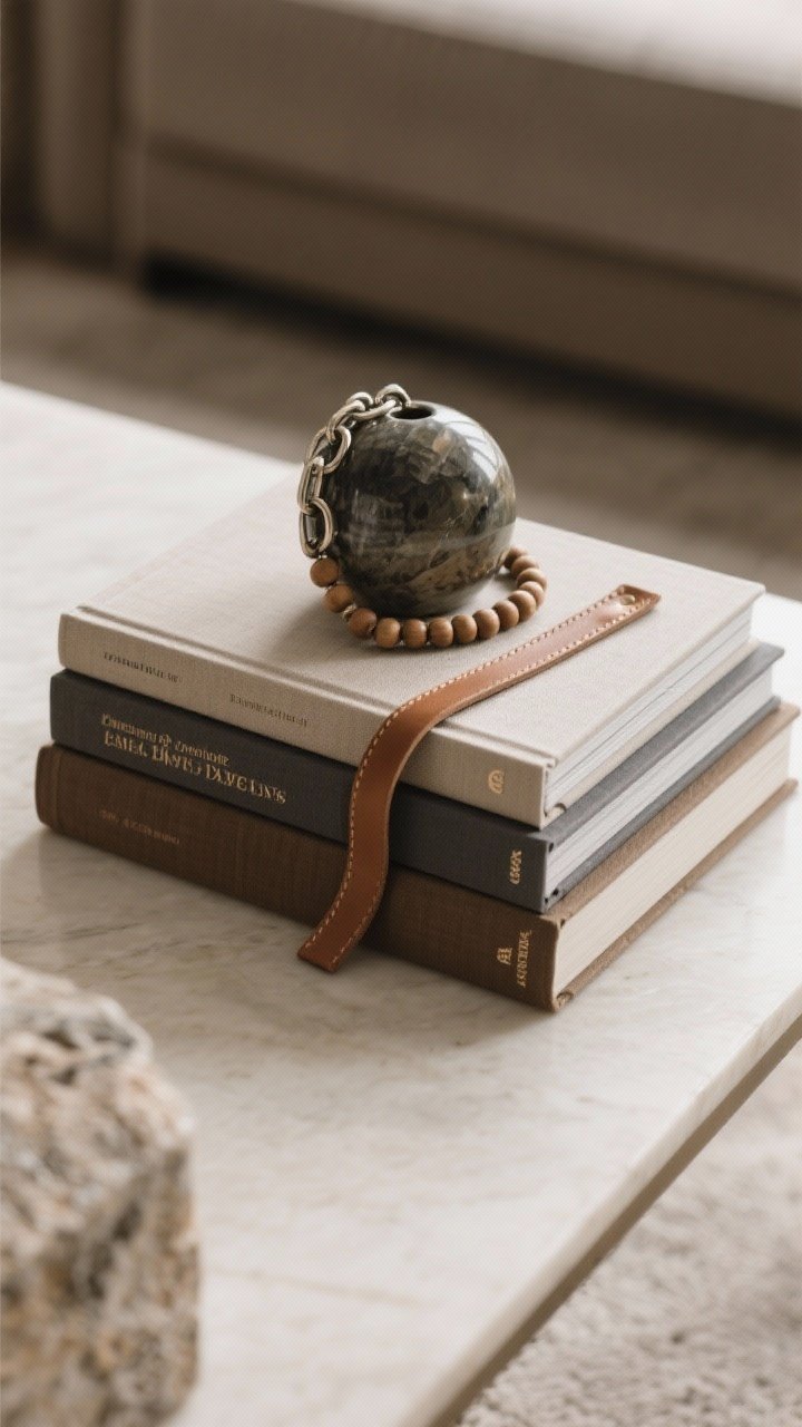 Photorealistic overhead detail shot: a precise arrangement of 2–3 coffee table books stacked by color/theme, mostly neutral spines with one moody title for depth. On top, a tactile object such as an onyx paperweight, ceramic chain, or casually coiled wood bead garland. A thin leather bookmark or ribbon peeks between pages for a lived-in feel. Surfaces and textures are emphasized—cloth book covers, stone, ceramic, or wood—under soft, diffuse natural light that highlights material contrast. No people, intentional and sophisticated.