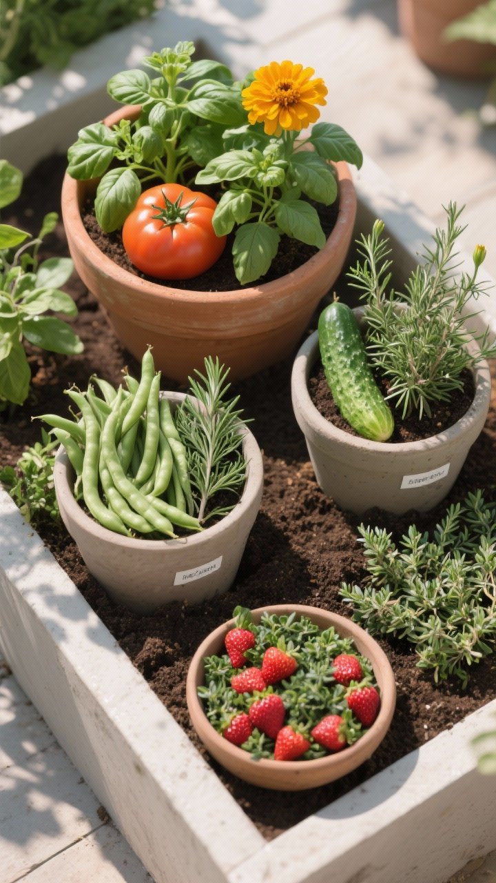 Photorealistic overhead detail shot of a companion planting container layout: one large pot with tomato, basil, and marigold (holy trinity); another with cucumber paired with feathery dill; a third with rosemary near bush beans; a shallow bowl of strawberries underplanted with creeping thyme as living mulch. Ensure plants have visible spacing for airflow. Natural morning light with soft shadows, rich soil surface and tidy labels.