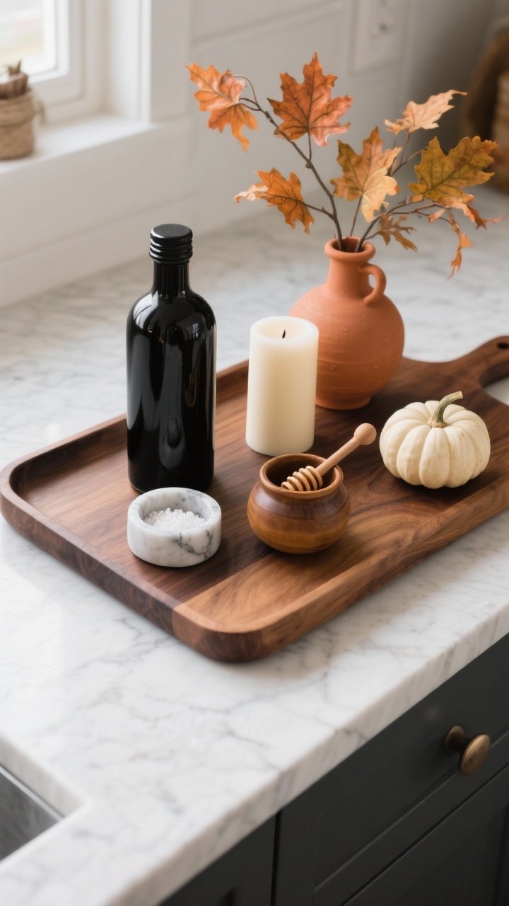 Photorealistic overhead detail shot of a curated seasonal counter tray: an oversized walnut cutting board as the base, with a matte black olive oil decanter, a small marble salt cellar, a honey pot with wooden dipper, a single unscented cream pillar candle, and a petite terracotta vase holding maple branches. Add one small cream mini pumpkin for accent. Tight color palette of terracotta, cream, and black. Clean quartz countertop background, balanced composition, soft natural morning light.