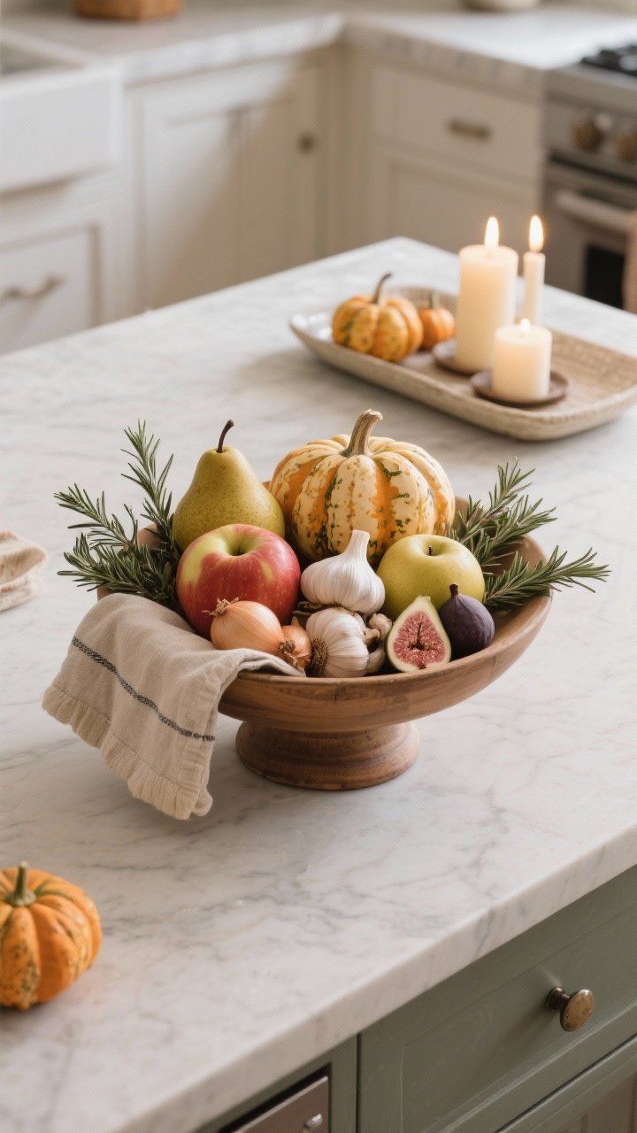 Photorealistic overhead detail shot of a functional fall centerpiece on a kitchen island: a low, wide wood or ceramic footed compote lined with a neutral tea towel. Inside, sculptural heirloom apples and pears with a couple of small squashes form the anchor produce; garlic bulbs, shallots, and a few figs add color and texture; fresh rosemary and sage sprigs are tucked around the edges, kept away from the apples. Nearby on the surface sits a coordinating tray with unscented taper candles and a few mini gourds, softly lit by ambient kitchen light. Natural, tactile, practical elegance; no people.