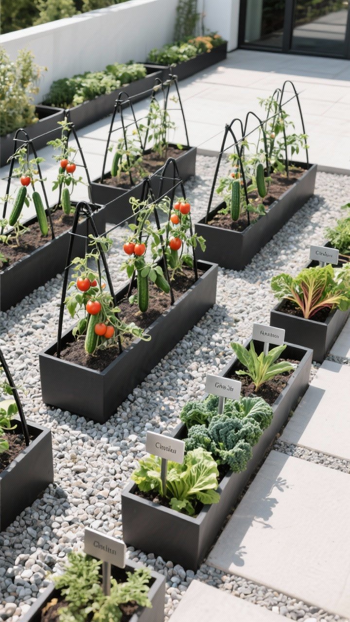 Photorealistic overhead detail shot of a minimalist edible garden: uniform black powder-coated trellises training tomatoes and cucumbers in tidy rows; matching rectangular trough planters along a patio edge filled with labeled herbs; repeating crops—kale and chard—planted symmetrically; sleek metal plant tags with engraved names; clean gravel mulch between rows, crisp midday light highlighting symmetry and order.