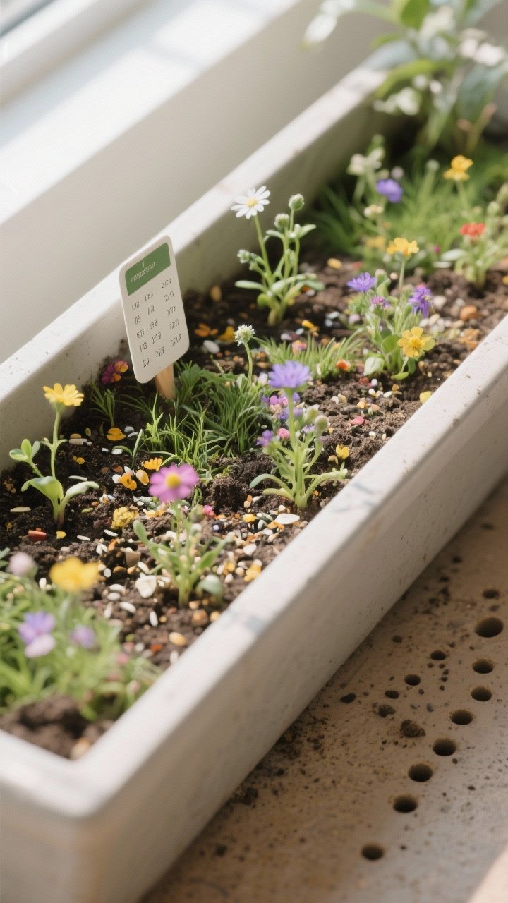 Photorealistic overhead detail shot of a rectangular trough planter planted as a micro meadow: a labeled container-friendly native wildflower seed mix scattered over shallow, well-drained soil; early sprouts and a few blooming mini wildflowers in varying colors; a small plant tag noting staggered sowing dates; gritty soil texture with visible drainage holes; soft diffuse daylight, eco-friendly, whimsical mood.
