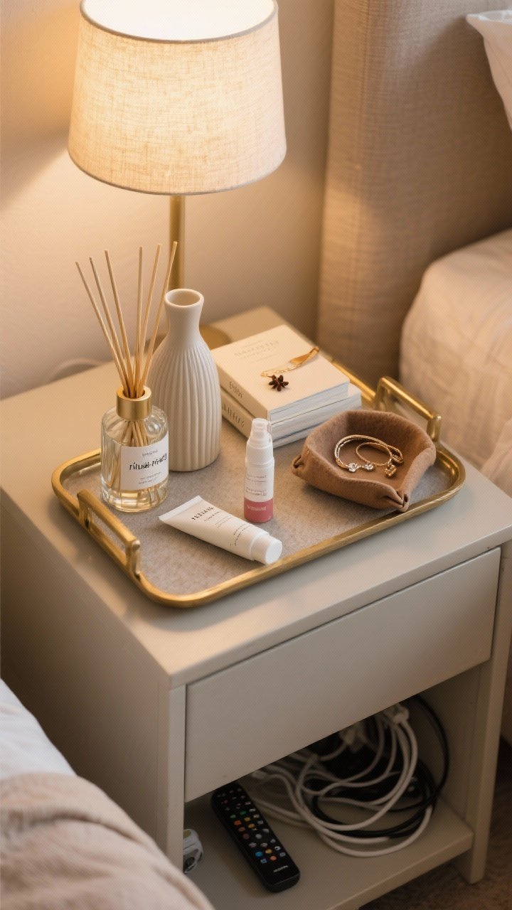 Photorealistic overhead detail shot of a “ritual-ready” nightstand setup: a layered tray corralling hand cream, lip balm, and a linen spray; a ribbed glass or matte ceramic carafe with matching glass; a reed diffuser emitting notes of cedar/vanilla/clove (label visible), one or two pretty hardcover books stacked with a simple bookmark, and a soft leather or felt catchall holding jewelry and hair ties; cables and remotes hidden from view; warm bedside lamp glow skimming the scene; warm neutral palette with subtle brass accent on tray; no people