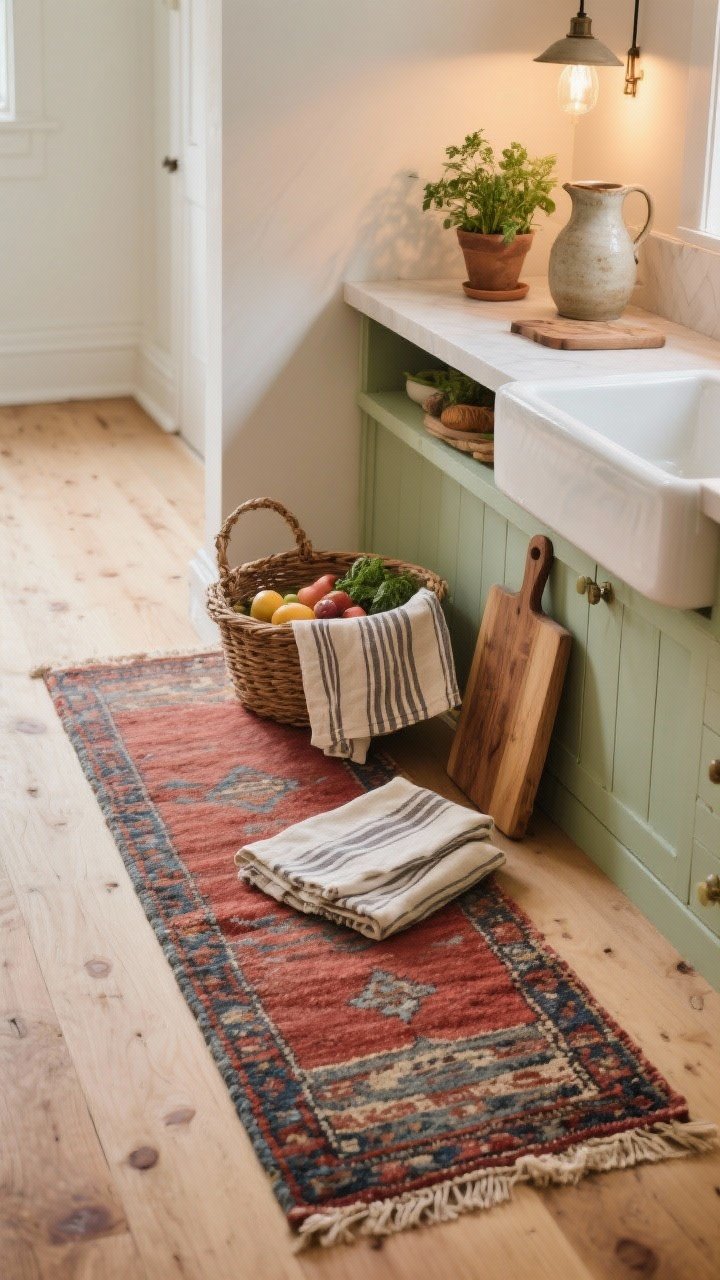Photorealistic overhead detail shot of cozy styling layers on a kitchen runner: a washable vintage-look rug in muted reds and blues on light wood floors, striped linen tea towels folded beside a small woven basket with produce, a ceramic pitcher and wooden cutting board on an adjacent open shelf edge, and a small potted herb; warm, dimmable lighting feel implied by soft shadows as if from pendants and a sink sconce; tight color palette of warm whites, natural wood, soft greens, and vintage rug tones; no clutter, artful restraint.