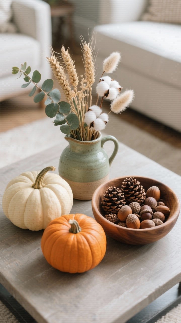 Photorealistic overhead detail shot of natural fall elements arranged on a coffee table: three mini pumpkins in varied sizes in muted cream, sage, and faded orange; a small crock or jug holding dried florals (wheat, bunny tails, cotton stems); and a shallow wooden bowl filled with pinecones and acorns. Palette: creams, sage, caramel, and soft, desaturated orange. Include a sprig of eucalyptus for airy greenery. Soft diffused daylight, matte textures emphasized. Clean, modern farmhouse styling with curated clustering, no bright Halloween orange.