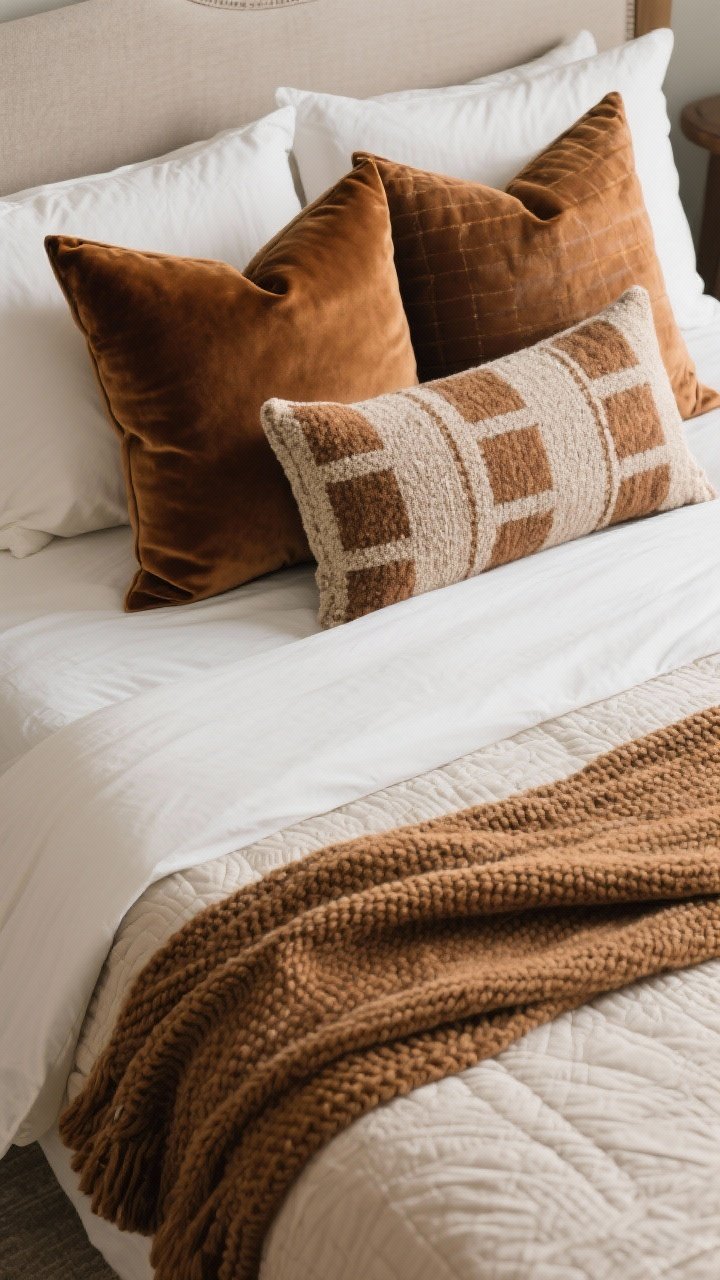 Photorealistic overhead detail shot of pillow and throw styling on a queen or king bed: arrange 2–3 euro pillows at the back, then 2 standards or 2 kings, finished with one long lumbar (36–48") or a single accent pillow. Mix fabrics: one velvet, one woven (tweed or bouclé), and one medium-scale pattern (stripe, block print, or plaid) in fall tones. At the foot, show two throw options: a crisp fold across the edge and a second casually draped chunky knit over a lightweight quilt for layered depth. Warm, even lighting emphasizing scale, shape, and fabric texture; inserts look plump.