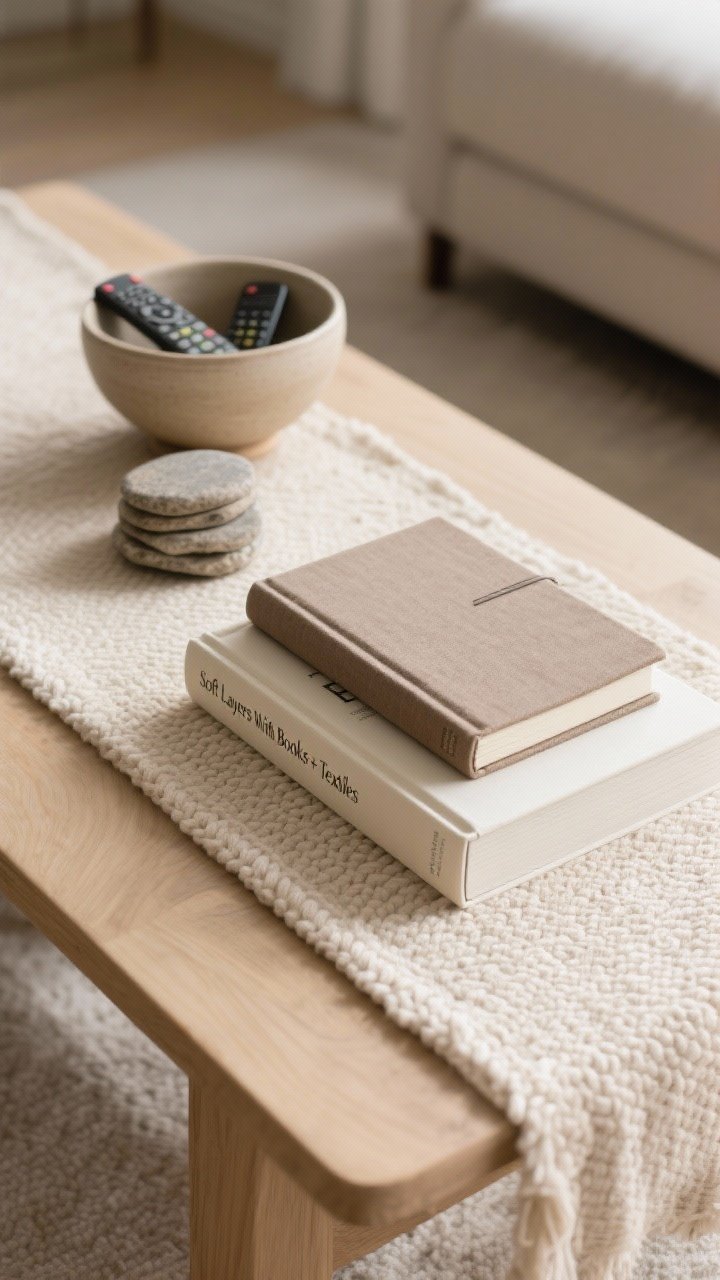 Photorealistic overhead detail shot of “Soft Layers With Books + Textiles” on a light oak coffee table: a lightweight linen or boucle runner in oatmeal placed under a stack of neutral coffee table books. Build the stack: base is a large cream-spined book laid horizontally, middle is a thinner linen-textured journal in taupe, top is a shallow ceramic bowl corralling remotes beside a small stone coaster stack. Neutral covers only (dust jackets removed), colors in cream, taupe, charcoal accents. Soft diffused morning light enhances texture of linen and boucle; minimal scene with clean edges and calm composition.