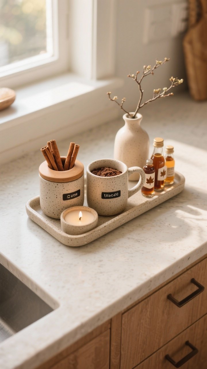 Photorealistic overhead shot of a compact coffee/cocoa station on a tray: two pretty canisters filled with cinnamon sticks, cocoa, and sugar (labeled simply), a pair of speckled matte stoneware mugs in warm neutrals, small bottles of flavor boosters (vanilla, maple syrup, nutmeg, caramel drizzle) with maple featured front and center, and a mini unscented candle or tiny branch in a bud vase for ambiance; neutral countertop with warm accents; tidy but lived-in arrangement; gentle morning light for a cozy vibe