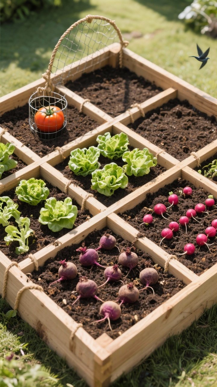 Photorealistic overhead shot of a neat 4x4 raised bed divided into 1-foot squares with wooden lath grid: one square has a single tomato with a small hoop/net above; another square planted with four lettuces; another with nine beets; another with sixteen radishes. Soil looks fluffy and rich (compost + coco coir + vermiculite texture visible). Include taut twine lines, low wooden bed frame, and a subtle bird net arch. Bright, even outdoor daylight, crisp shadows, no people.