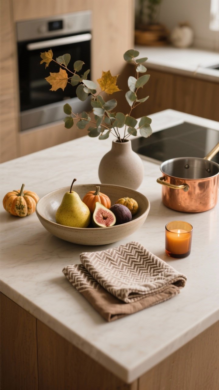 Photorealistic overhead shot of a styled kitchen island “one zone” vignette: a shallow ceramic bowl with pears, figs, and a few tiny squash as edible still life; sculptural maple or eucalyptus branches in a matte ceramic vase; layered linens—herringbone, waffle, and plain linen napkins in muted earth tones—folded beside an amber-glass candle; a polished copper pot set off to the side for functional shine; restrained negative space around the arrangement; warm, cozy ambient light; no people, intentional minimal maximal styling.