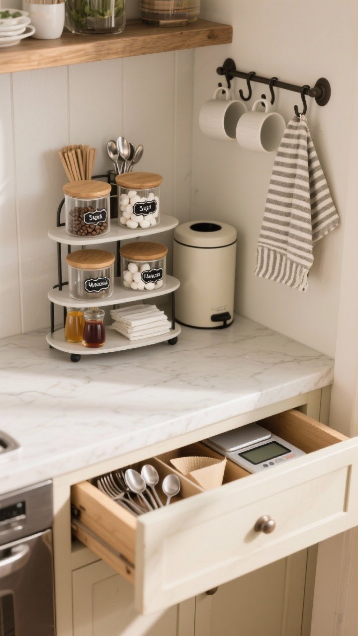 Photorealistic overhead shot of organized, pretty storage on a coffee bar: clear glass canisters with wood lids labeled in minimal black-and-white stickers for beans, sugar, and marshmallows; a compact tiered stand corralling syrups, spoons, and napkins; a wall-mounted mug rack to save surface area; a side hook holding a cute striped towel; a slim trash bin or small compost pail tucked neatly beside the unit; top drawer slightly open to reveal spoons, stirrers, filters, and a digital scale; warm, neutral tones with clean farmhouse styling and even natural lighting.
