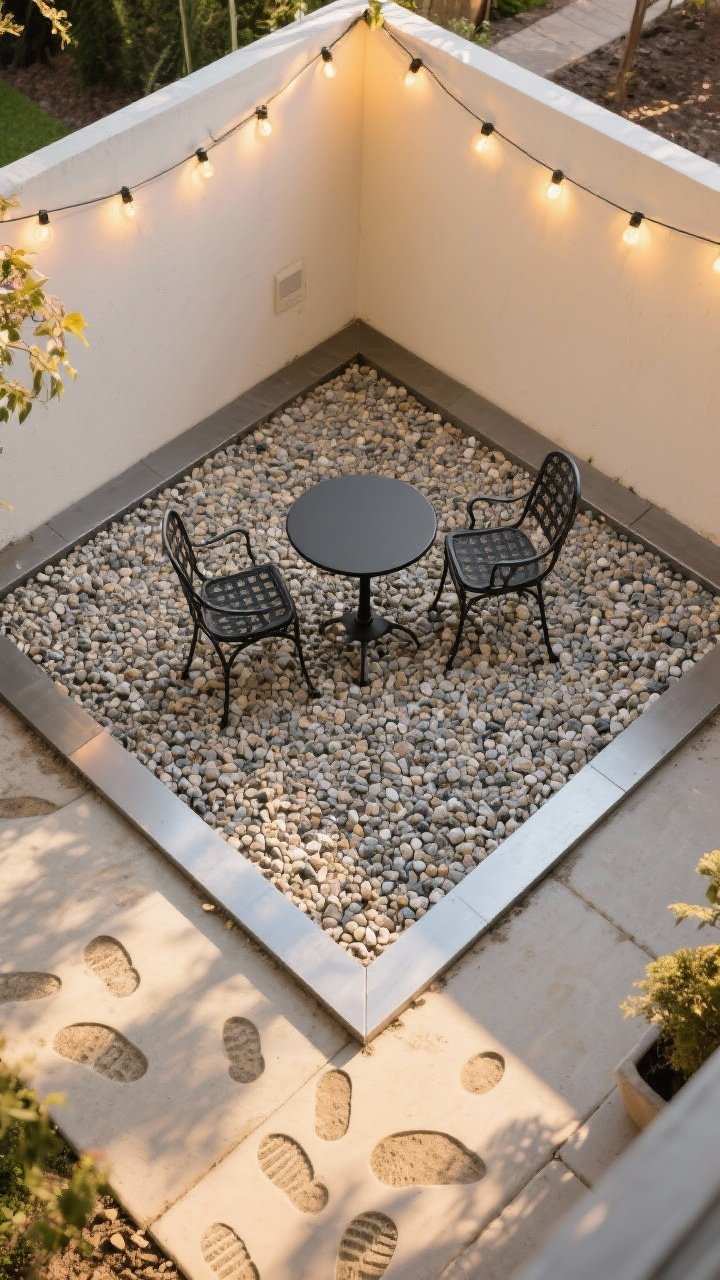 Photorealistic overhead/three-quarter view of a compact gravel courtyard patio: a defined rectangle excavated and edged with slim steel edging, visible layers showing compacted decomposed granite base topped with 1–2 inches of pea gravel. Include a small black metal café table with two bistro chairs, warm string lights overhead, and the gravel neatly contained within the edging. Golden-hour lighting casting soft shadows; subtle footprints neatly raked away for a pristine look.