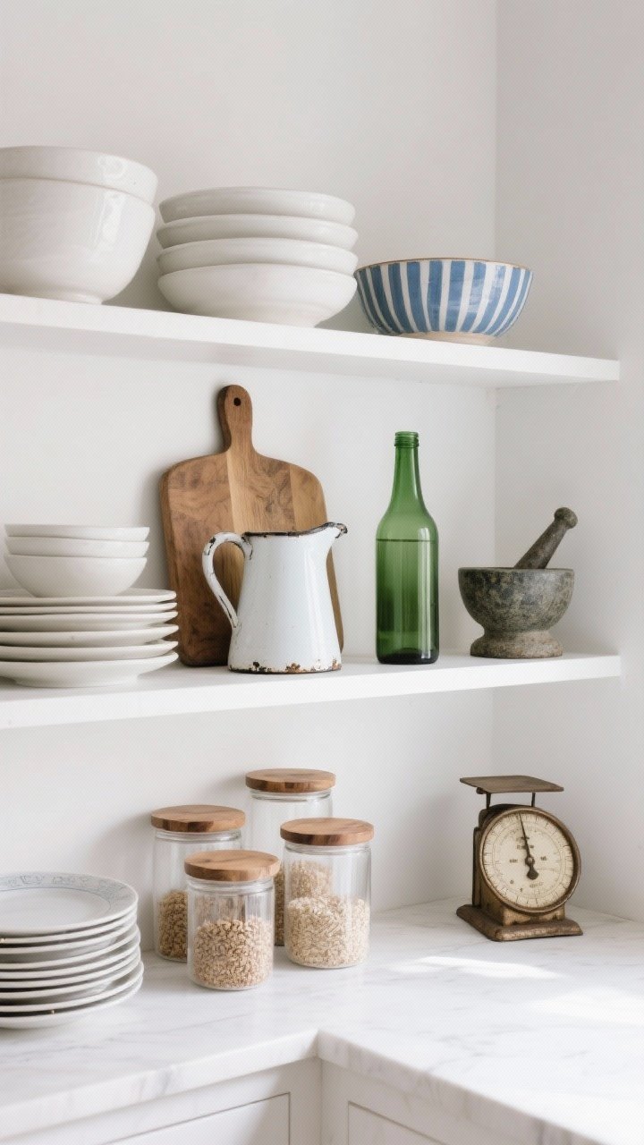 Photorealistic straight-on medium shot of styled open kitchen shelves with intentional negative space: matte white stoneware bowls and plates stacked beside a neat pile of antique bread plates, clear glass canisters with wood lids filled with grains, a vintage cutting board leaning in the back, an enamel pitcher, a worn mortar and pestle, and a compact vintage scale as sculptural decor. Organize by color and height—group whites and natural woods, add one pop via a single green bottle and a blue stripe bowl. Soft daylight washes the shelves, emphasizing clean lines and breathing room; white wall backdrop, no clutter.