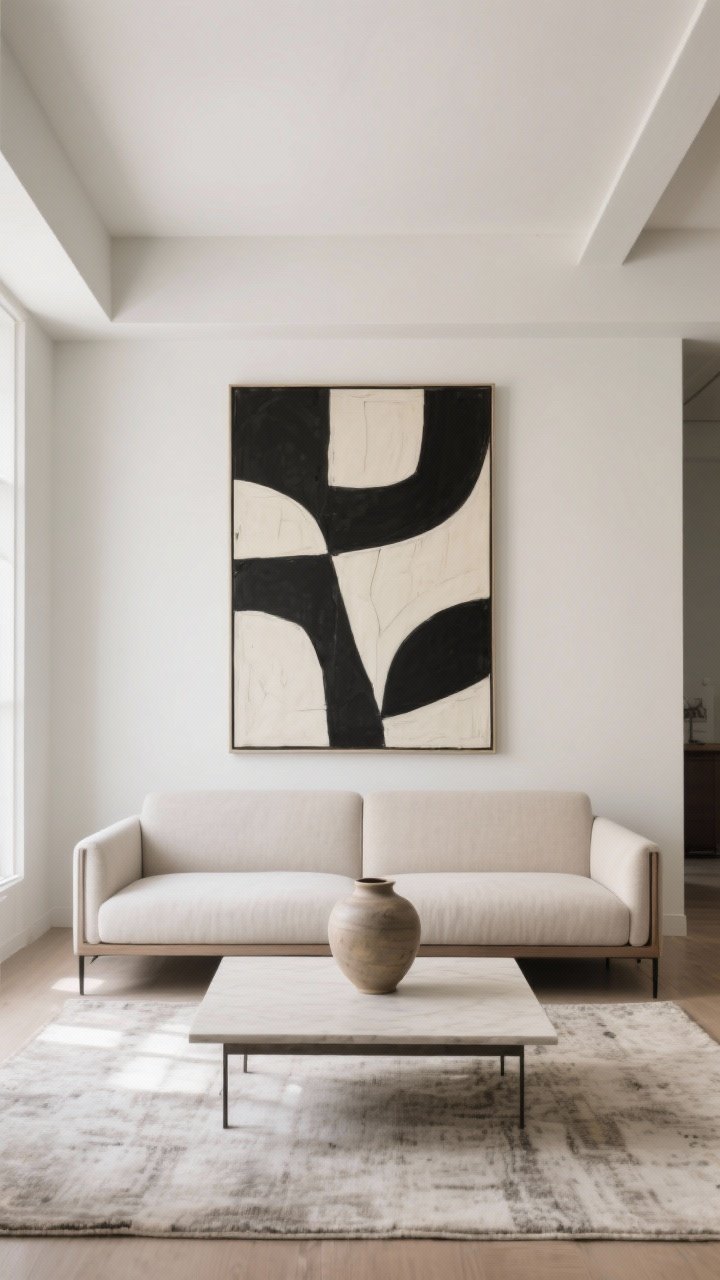 Photorealistic straight-on medium/wide shot focusing on scale play: a low-profile, armless loveseat with narrow arms faces a low coffee table; above it hangs one large, hero canvas art piece in graphic black-and-cream tones that draws the eye upward; ceilings feel taller thanks to the low seating profiles; clean lines, uncluttered styling with a single ceramic vase on the table; neutral base palette with subtle texture in the rug and sofa fabric; soft, even daylight that accentuates the oversized artwork without glare.