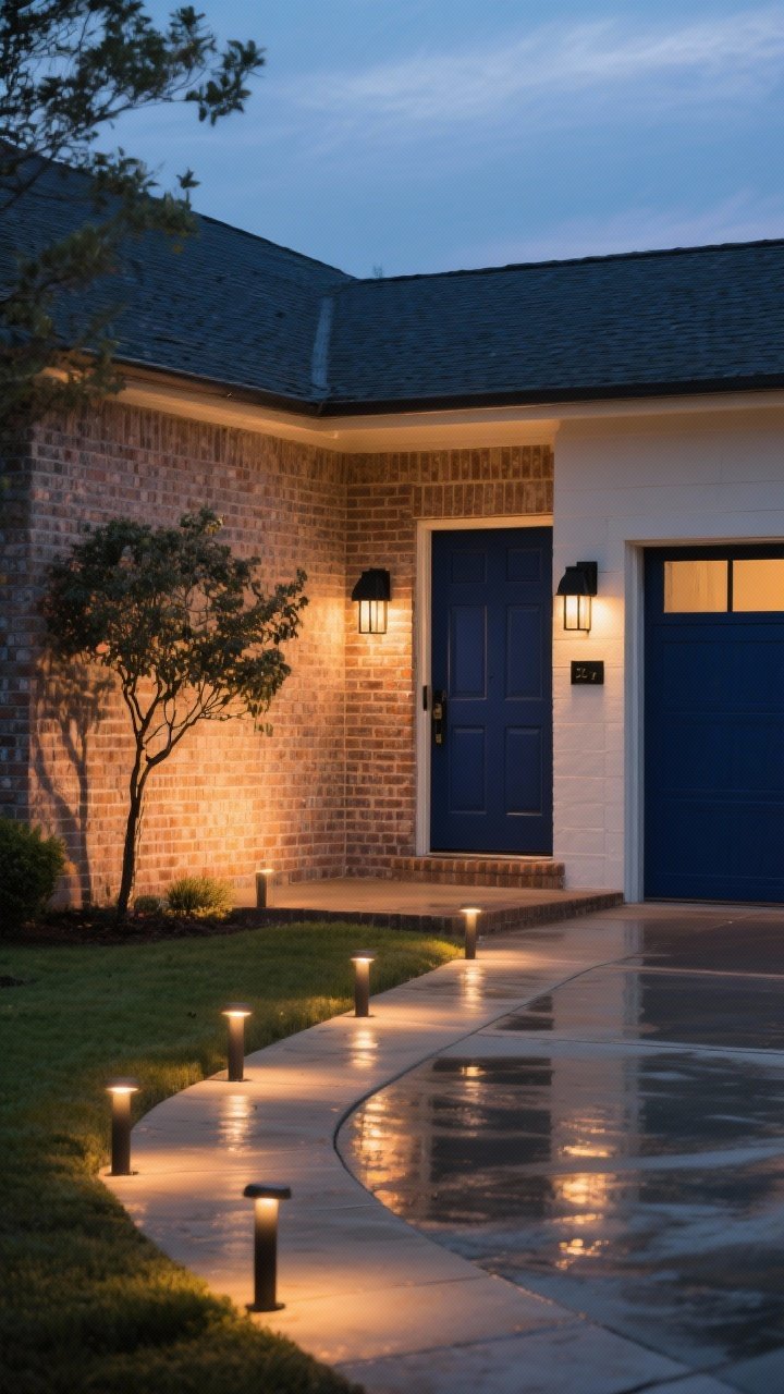 Photorealistic twilight exterior, medium-wide shot: warm 2700–3000K lighting showcasing curb appeal; low, warm LED path lights evenly spaced along a curving walkway; subtle uplights washing a brick facade and a small ornamental tree, creating dramatic shadows and texture; proportionally sized front-door sconces (about a quarter of door height) in matte black flanking a deep navy door; balanced glow without harsh cool tones, wet-look driveway for subtle reflections