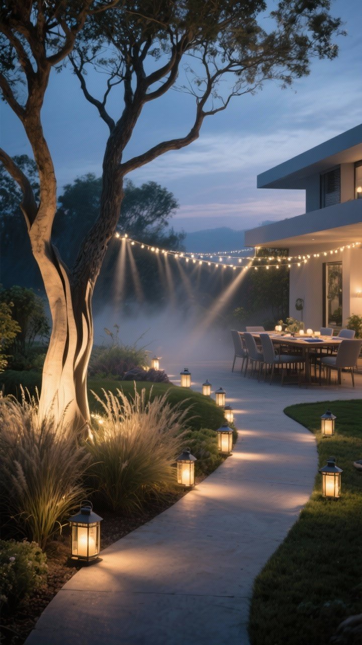 Photorealistic twilight garden scene emphasizing dramatic lighting: uplights at the base of a sculptural tree and ornamental grasses creating striking vertical shadows; a winding path with evenly spaced low, warm path lights; string lights and a few lanterns defining a dining area; solar fixtures where possible. Keep color temperature warm white for a cozy glow (avoid cool white). Slight mist in air to catch light beams, wide shot from a low angle to emphasize light layers and ambiance.