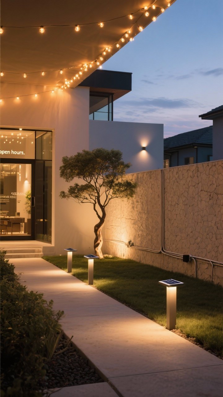 Photorealistic twilight scene lit like a boutique hotel: layered outdoor lighting with warm 2700K–3000K tones—solar bollards creating a soft glow along a path, warm festoon lights overhead for sparkle, and a discreet uplight spotlighting a sculptural small tree and a textured wall; clean cable management; wide shot from a corner angle to capture the layered ambiance and extended “open hours.”
