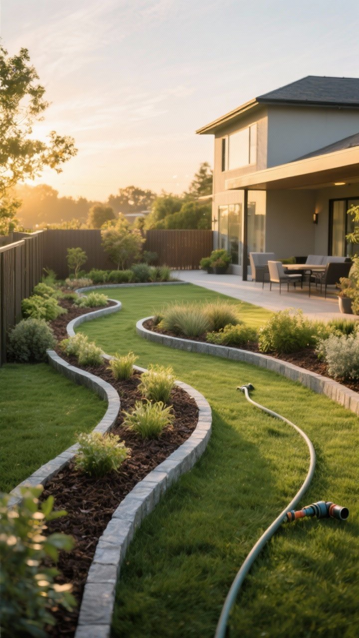 Photorealistic wide backyard scene at golden hour showing curvy garden beds with soft, serpentine edges cut into a lush green lawn; steel or stone edging creates a crisp outline; planting in drifts of 3–5 of the same species for a designer look; the curving beds contrast against the straight lines of a modern house, patio, and fence; angle from a low corner perspective to emphasize depth and organic flow; include a garden hose on the grass subtly indicating the layout process; rich textures of mulch and layered foliage, no people.