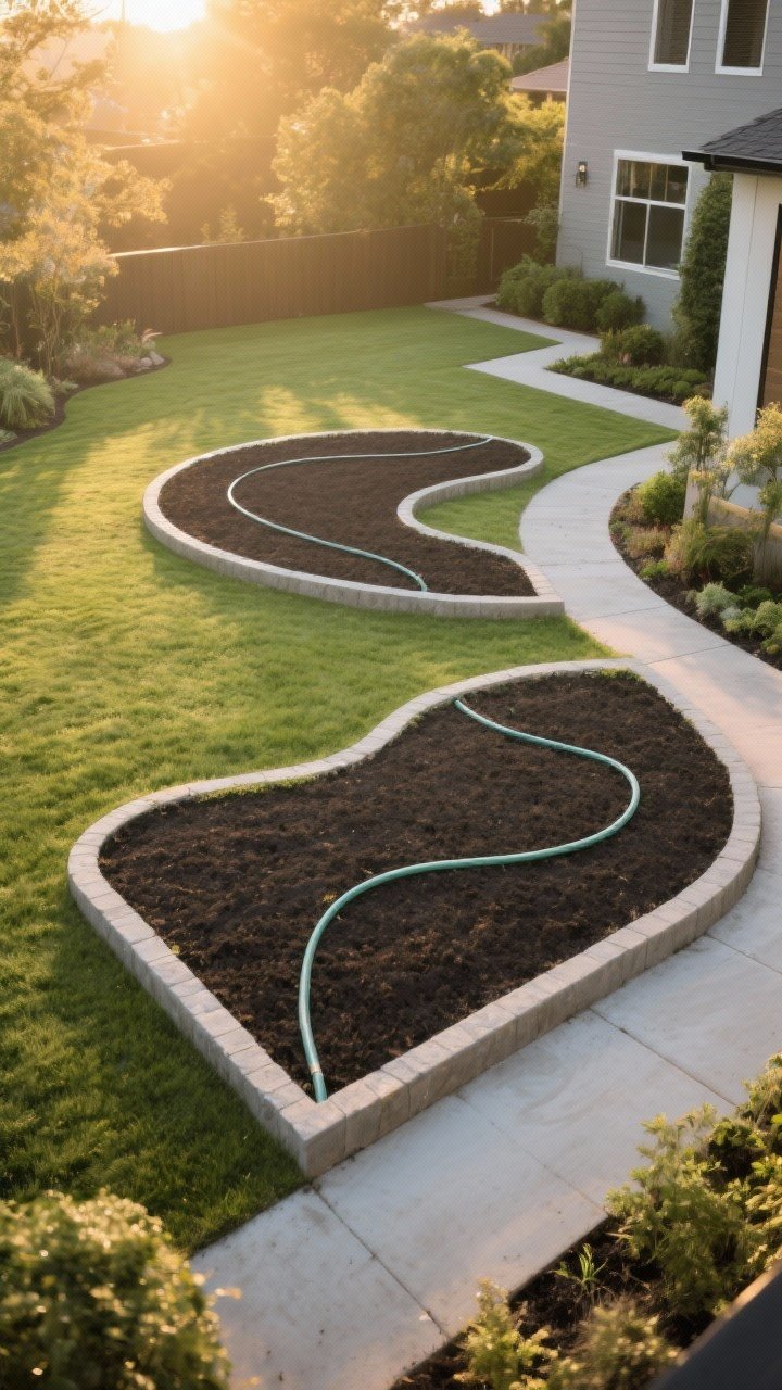 Photorealistic wide backyard shot at golden hour showing a single cohesive bed shape repeated around the yard: one version uses a flowing curved border defined with a hose-laid line and spray-painted mark, another bed uses a crisp straight-edge line like a snapped chalk line; generous 2–3 foot-wide bed edges and pathways; modern, clean lawn transitions; soft textures of turf contrasting with dark soil; no plants overcrowding paths; mood: intentional and cohesive, organic curves vs modern straight lines; perspective: slightly elevated corner angle to show repeated shape rhythm.