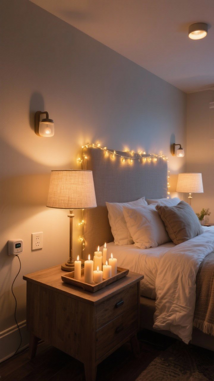 Photorealistic wide bedroom shot: layered lighting for a cozy glow—two table lamps with 2700K soft white bulbs casting a golden light, string lights framing the headboard, and a pair of wall-mounted plug-in sconces by the bed; a tray on the nightstand with a cluster of battery candles in 3–5 varied heights; warm, inviting ambiance with overhead light off; include subtle details like a smart plug timer near the outlet and a DIY linen fabric shade cover on one lamp for a softened glow; evening setting; captured from a corner angle to show the lighting layers; no people.