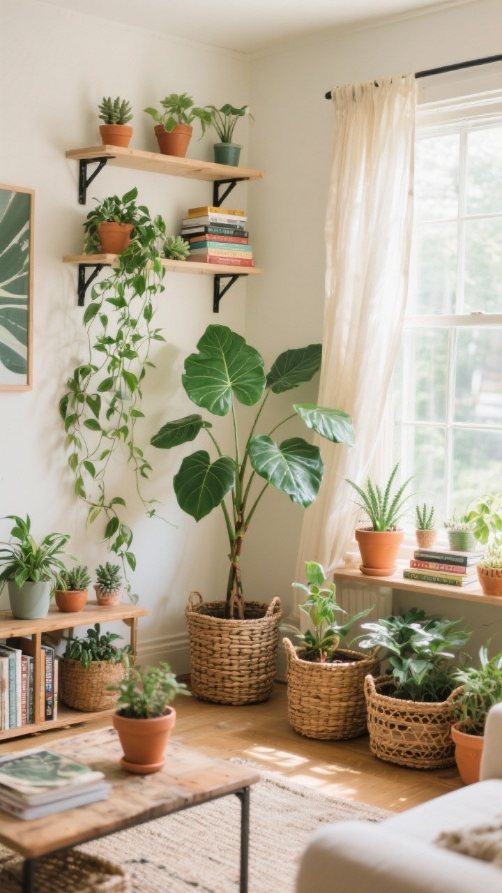 Photorealistic wide corner shot of a bright boho living room filled with plants, real and faux: a tall fiddle leaf fig in a woven basket elevates an empty corner; cascading pothos and ivy trail from open shelves for romantic drape; small succulents sit atop stacks of books on a windowsill and coffee table. Mix of thrifted baskets used as planters (plastic pots tucked inside not visible), with a few faux stems placed on the highest shelf. Natural daylight streams through sheer curtains, creating lively, fresh energy; colors stay relaxed with terracotta pots, sage greens, cream walls, and charcoal accents.
