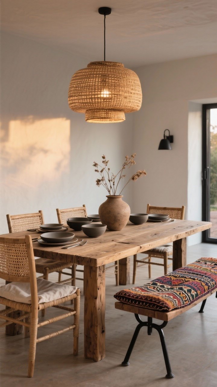 Photorealistic wide dining area showcasing mixed natural materials with simple shapes: a reclaimed wood dining table paired with rattan chairs and thin linen seat cushions; above, a large woven pendant light casts warm diffusion; tabletop set with matte ceramic dishes and a rough clay vase with dried stems; a rustic bench with black iron legs sits to one side topped with a kantha cushion; cohesive metal accents repeated in black (two to three places), and only two wood tones visible; patterns limited to three: one bold kantha, one geometric rattan weave, and one solid linen; early evening ambient glow, straight-on composition emphasizing clean lines