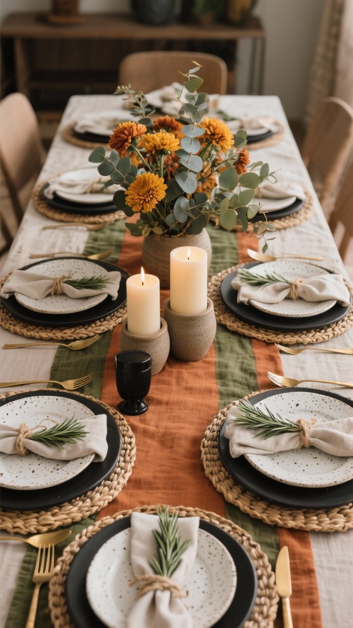 Photorealistic wide dining table scene with layered fall place settings: linen tablecloth or runner in terracotta or moss with oatmeal accents; woven rattan or matte black chargers under white dinner plates topped with speckled stoneware salad plates; cloth napkins tied with twine and a fresh rosemary sprig; brushed gold or black flatware. Centerpiece kept low: a short arrangement of eucalyptus, mums, or marigolds, plus a trio of unscented pillar candles in ceramic holders. Tight three-color palette, soft ambient glow, straight-on perspective, no people.