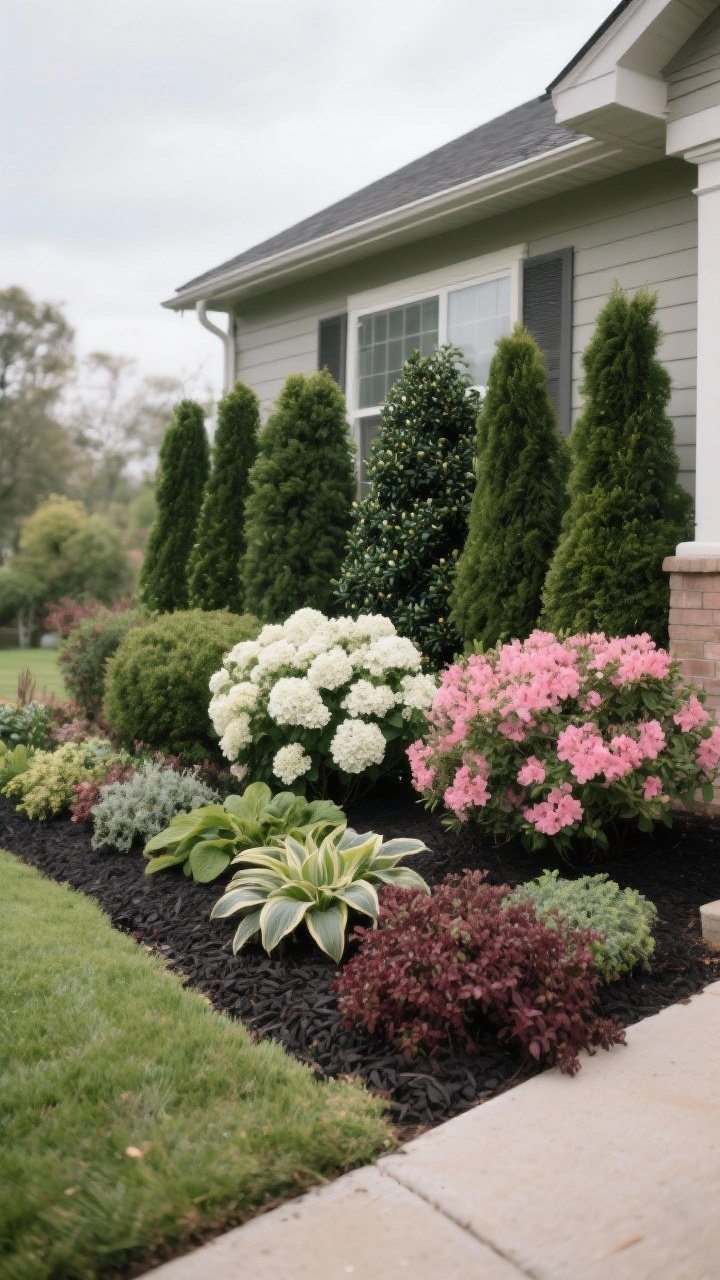 Photorealistic wide front-yard bed at house foundation, three-layer planting using the 3-2-1 formula: back row of evergreen shrubs (holly and slender arborvitae) anchoring the scene, middle row with flowering shrubs (white hydrangea and pink azalea), front row with perennials and groundcover (hosta, heuchera in burgundy, creeping thyme spilling onto the edge); odd-number groupings, dark mulch, soft overcast light for true color, captured from a slight corner angle to emphasize layered depth