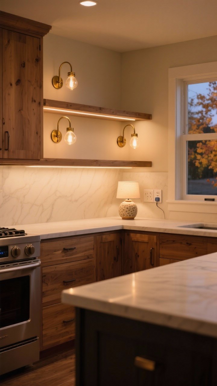 Photorealistic wide kitchen shot focused on warm lighting upgrades: bulbs at 2700K–3000K with high CRI casting soft, flattering light; a pair of plug-in brass sconces over open shelving; under-cabinet LED strips creating gentle task lighting; and a small ceramic table lamp glowing on the counter. Include a visible smart plug/dimmer near an outlet. Overall mood: cozy fall evening scene, no harsh overhead glare, warm wood and neutral cabinetry subtly illuminated.